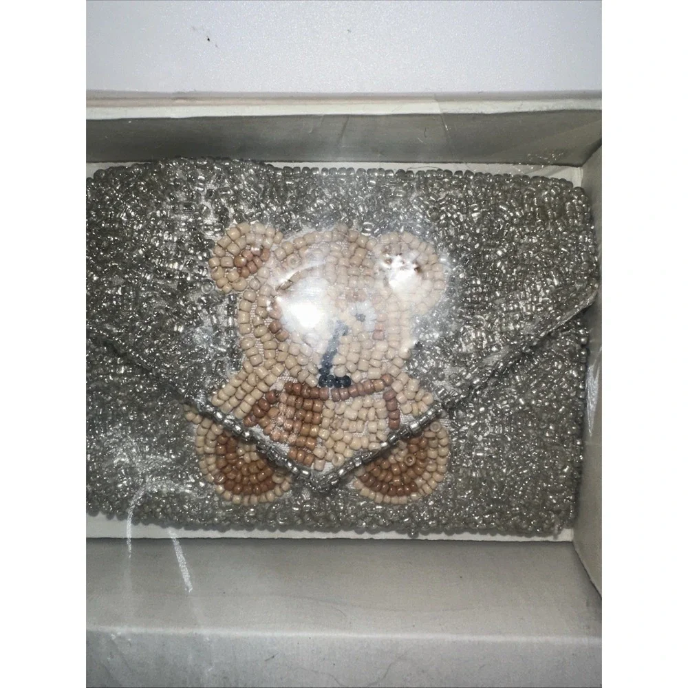Rachel Zoe Beaded Teddy Bear 3 PC Gift Set Silver Clutch Card Case Bag Charm NIB